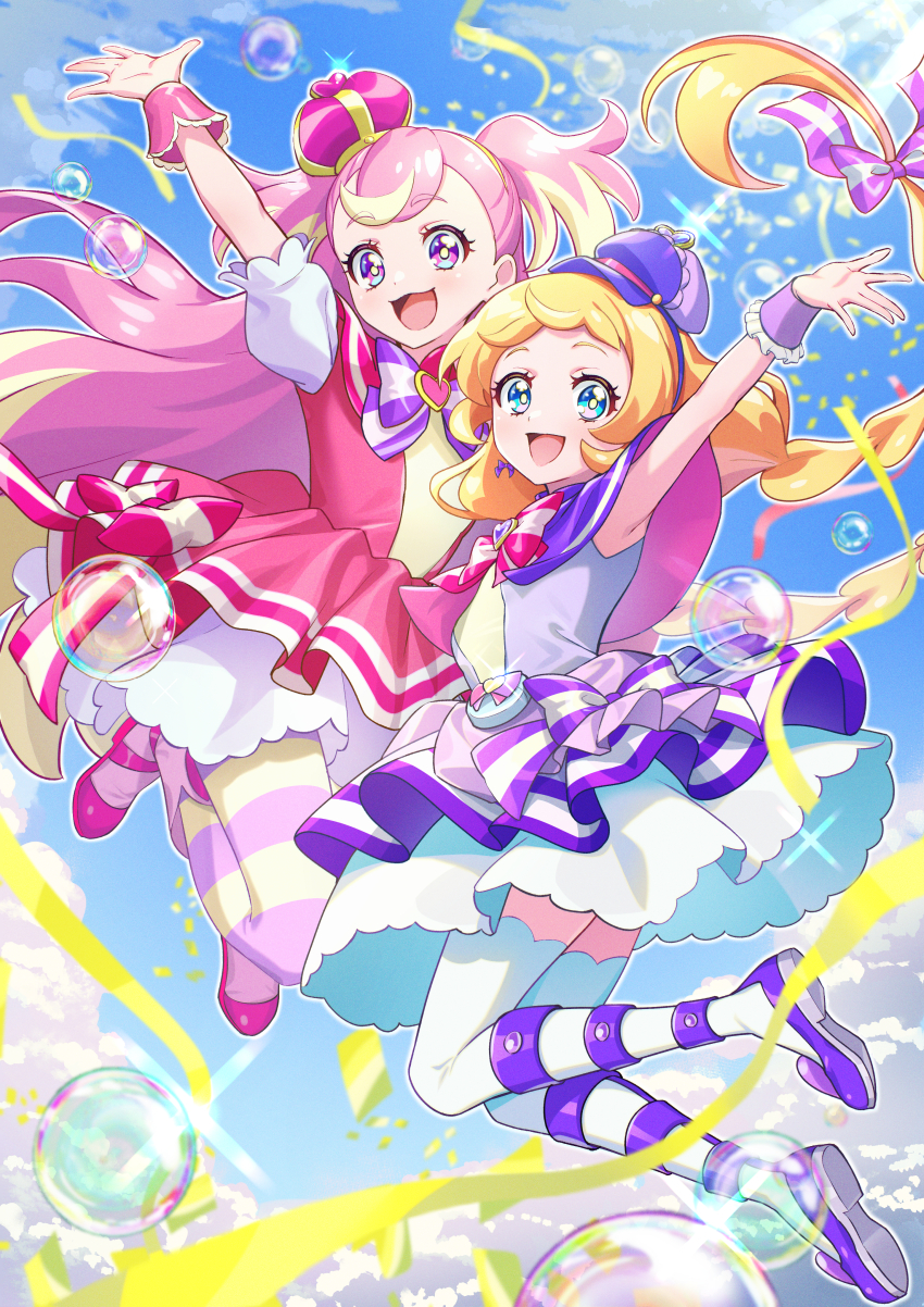 2girls :d absurdres arm_up armpits blonde_hair blue_eyes bow bow_earrings braid bright_pupils brooch capelet cloud crown cure_friendy cure_wonderful deerstalker dot_nose dress earrings frilled_wrist_cuffs frills full_body hair_bow hairband hat hat_ornament heart heart_brooch heart_hat_ornament highres inukai_iroha inukai_komugi jewelry long_hair looking_at_viewer magical_girl mini_crown mini_hat multicolored_bow multicolored_eyes multicolored_hair multicolored_pantyhose multiple_girls open_mouth pantyhose pink_bow pink_crown pink_dress pink_eyes pink_hair pink_shoes pink_wrist_cuffs pouch precure puffy_sleeves purple_bow purple_capelet purple_dress purple_eyes purple_footwear purple_hairband purple_hat purple_wrist_cuffs ribbon rice_rabbit22 shoes short_dress sky smile soap_bubbles streaked_hair striped_bow striped_clothes striped_pantyhose thighhighs twin_braids two-tone_hair two_side_up white_thighhighs wonderful_precure! wrist_cuffs yellow_ribbon zettai_ryouiki