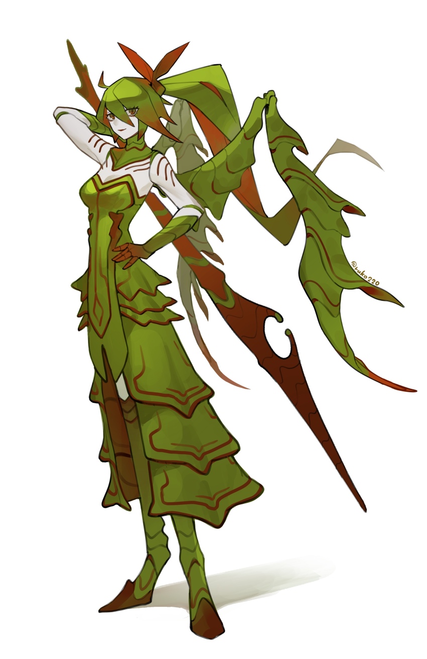 1girl absurdres ahoge arm_up arthropod_girl bare_shoulders boots breasts closed_mouth dress elbow_gloves eyes_visible_through_hair full_body gloves green_boots green_dress green_eyes green_gloves green_hair hair_between_eyes highres insect_wings long_hair looking_at_viewer medium_breasts monster_girl original ponytail ruteko_(ruko220) simple_background smile solo tall thigh_boots twitter_username very_long_hair weapon white_background wings