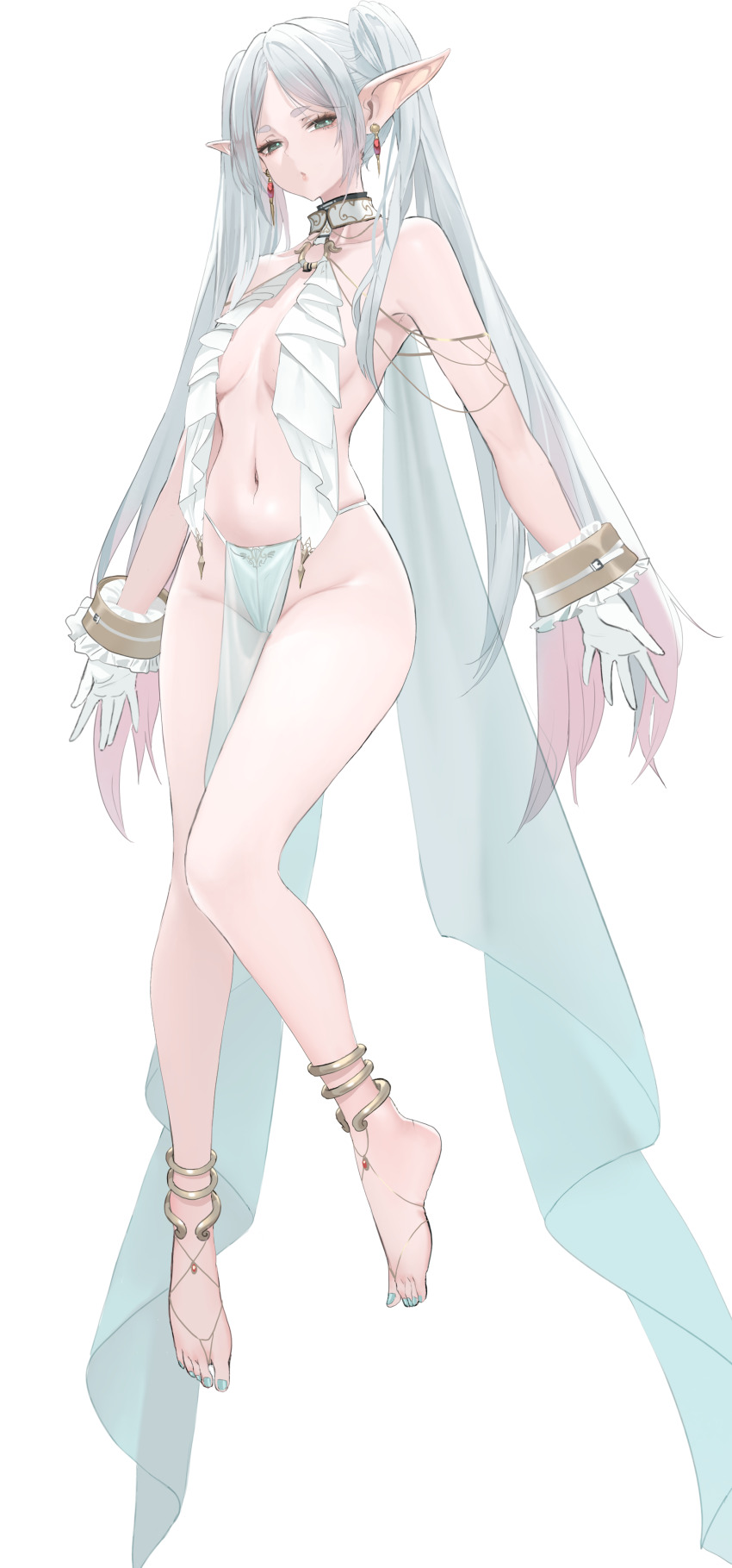 1girl absurdres alternate_costume ass back bare_shoulders barefoot barefoot_sandals_(jewelry) blush breasts dishwasher1910 earrings elf feet frieren full_body green_eyes grey_hair highres jewelry long_hair looking_at_viewer medium_breasts open_mouth parted_bangs pelvic_curtain pointy_ears solo sousou_no_frieren staff thighs tongue tongue_out twintails white_background