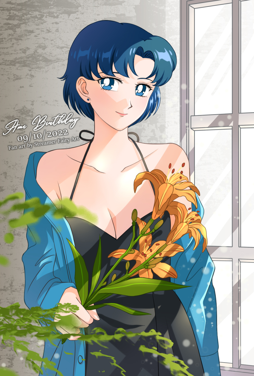 1girl bishoujo_senshi_sailor_moon black_dress blue_cardigan blue_eyes blue_hair breasts cardigan cleavage collarbone commentary dated dress ear_piercing english_commentary english_text flower highres holding holding_flower koya lily_(flower) looking_at_viewer mizuno_ami open_cardigan open_clothes piercing short_hair smile solo spaghetti_strap standing window