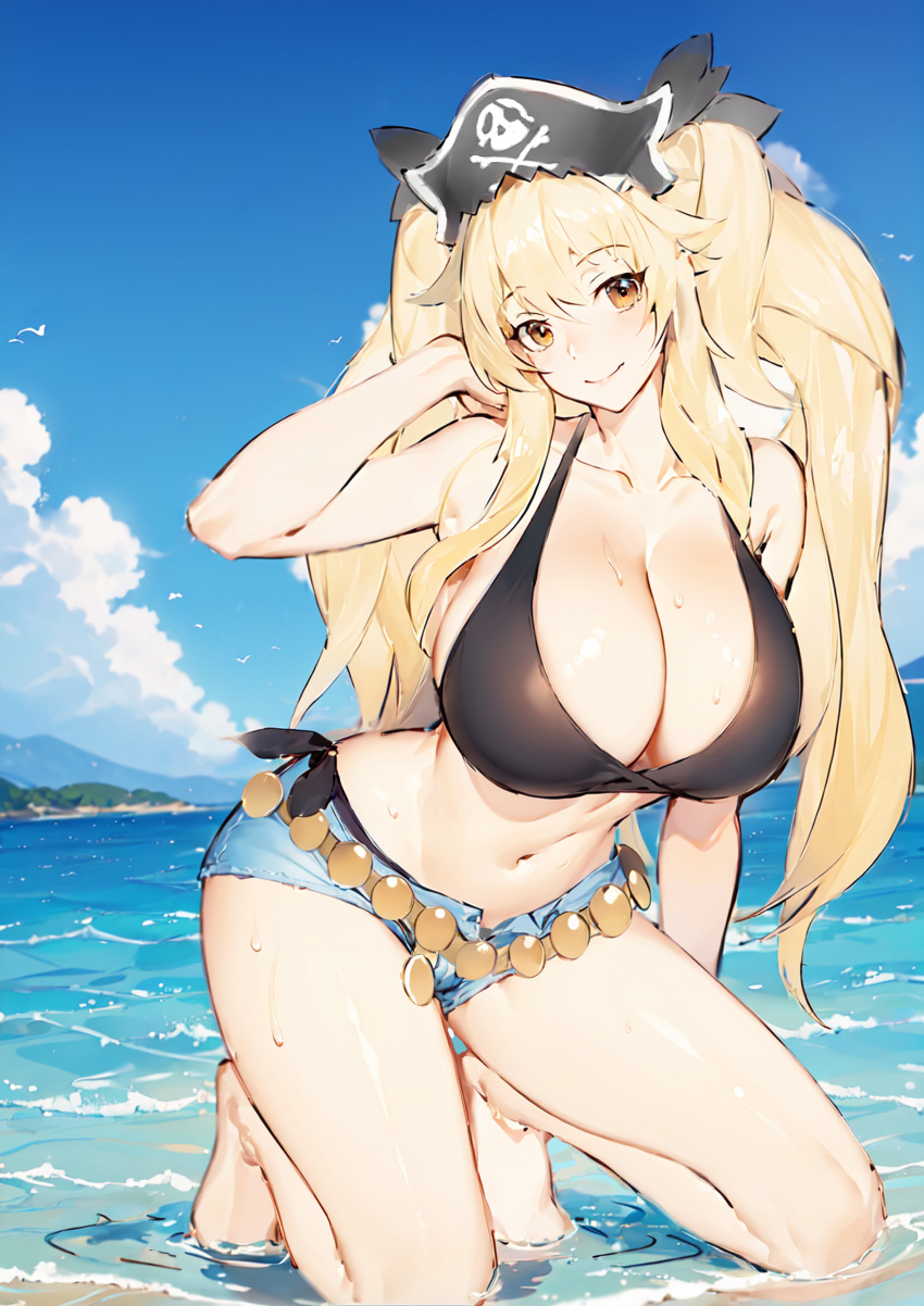 1girl absurdres anne_bonny_(fate) anne_bonny_(swimsuit_archer)_(first_ascension)_(fate) beach bikini blonde_hair breasts cleavage fate/grand_order fate_(series) hair_between_eyes hat highres huge_breasts kabocha_(silver_owl) long_hair looking_at_viewer midriff navel ocean pirate_hat short_shorts shorts solo swimsuit wet yellow_eyes