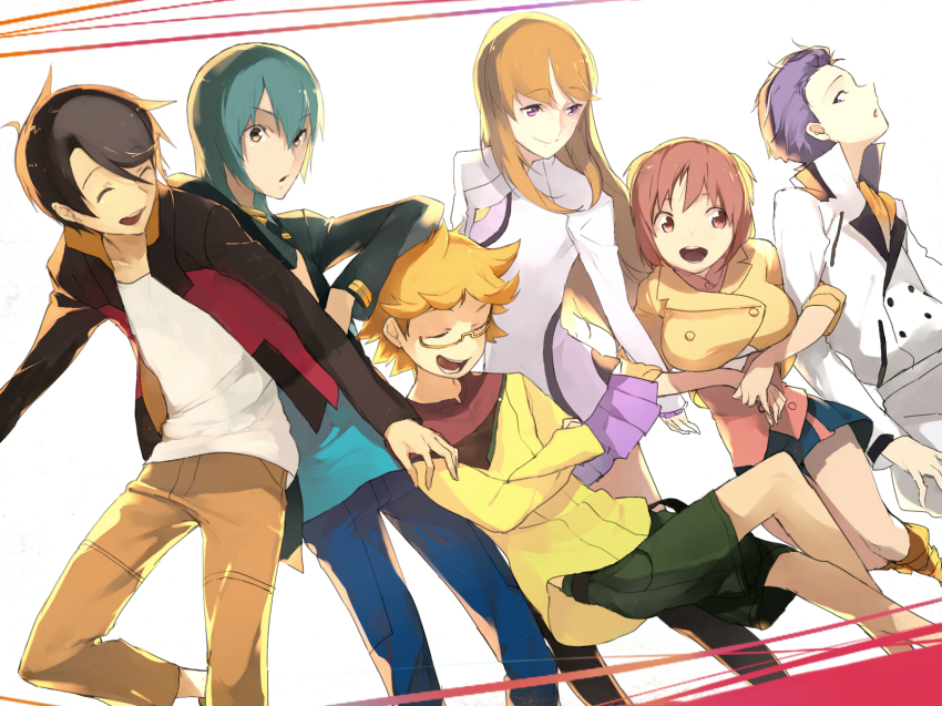 10s 2girls 4boys asagi_toshikazu bad_id bad_pixiv_id blonde_hair boots breasts brown_eyes brown_hair highres hitachi_izuru irie_tamaki kittyon03 kugimiya_kei kuroki_ange large_breasts long_hair majestic_prince multiple_boys multiple_girls open_mouth purple_eyes short_hair suruga_ataru