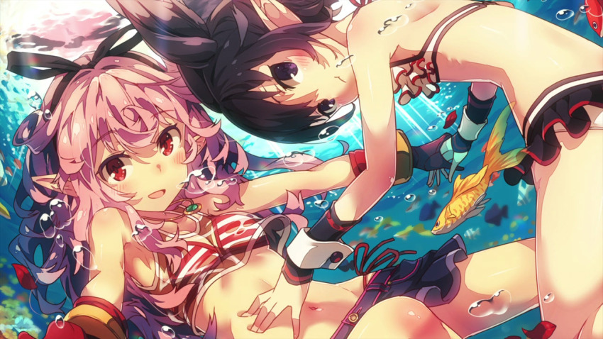 2girls artist_request bikini bow brown_hair bubble character_request copyright_request fish frilled_bikini frills multiple_girls non-web_source ocean pink_hair pointy_ears purple_eyes recri_(narumi_arata) red_eyes source_request swimsuit underwater