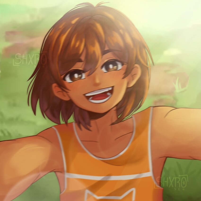 1boy artist_name blurry bright_pupils brown_eyes brown_hair collarbone dark-skinned_male dark_skin grass highres kel_(faraway)_(omori) kel_(omori) looking_at_viewer omori scene_reference selfie short_hair shxro524 solo teeth tongue watermark white_pupils