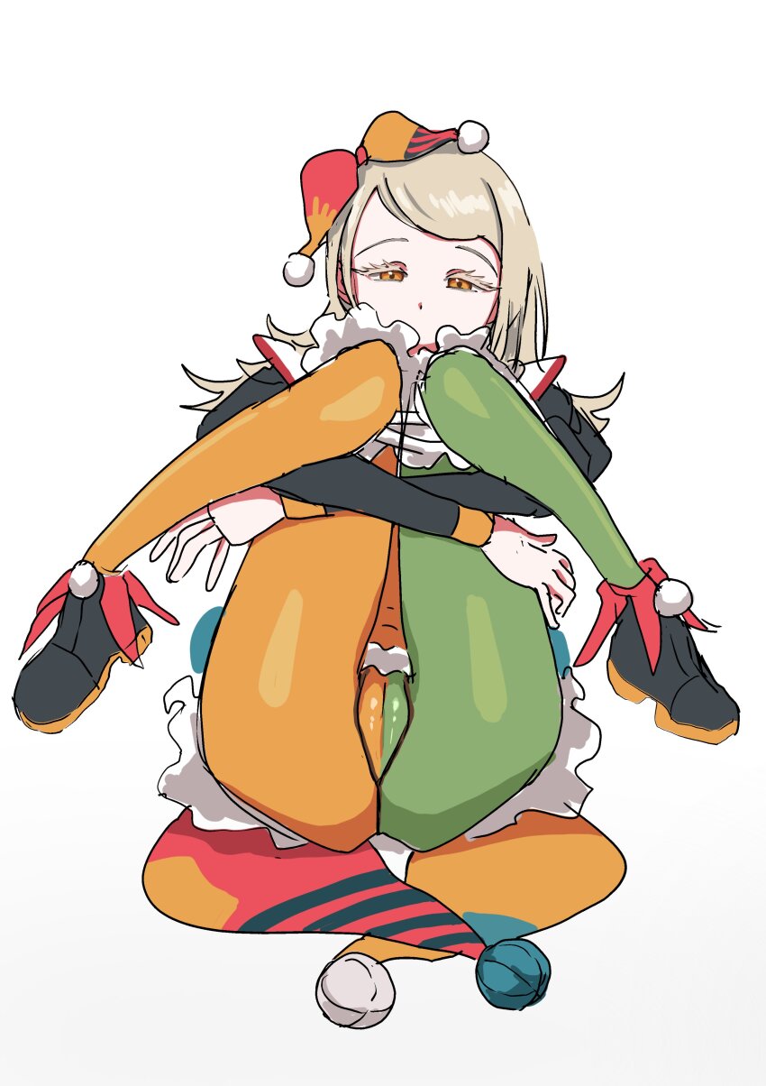1girl absurdres ass blonde_hair cameltoe colored_eyelashes folded full_body gakuen_idolmaster highres idolmaster jester jester_costume long_hair long_sleeves looking_at_viewer lying multicolored_pantyhose no_mouth on_back orange_eyes shinosawa_hiro shoes simple_background solo two-tone_pantyhose ushimochi white_background