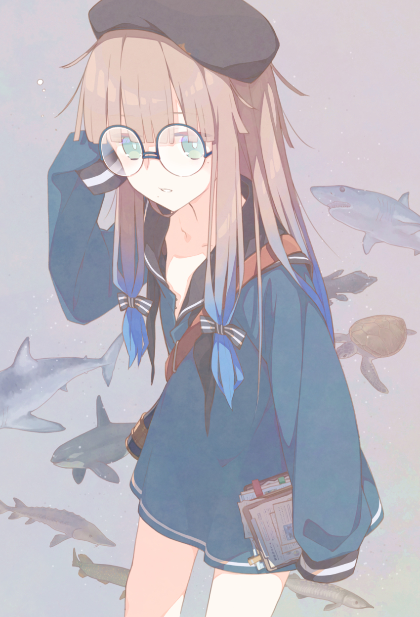 1girl beret black_hat black_sailor_collar blue_hair blue_shirt blush breasts brown_hair fate/grand_order fate_(series) fish glasses gradient_hair green_eyes hat highres long_hair long_sleeves looking_at_viewer multicolored_hair nemo_(fate) professor_nemo_(fate) round_eyewear sailor_collar saipaco shirt sidelocks sleeves_past_fingers sleeves_past_wrists small_breasts solo two-tone_hair