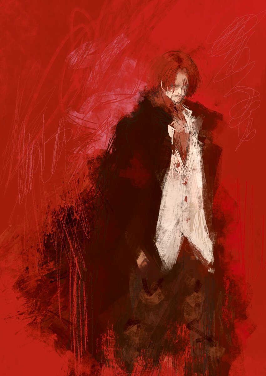 1boy brown_pants closed_mouth coat cowboy_shot expressionless facial_hair fuyumurasaki highres male_focus one_piece pants red_background red_hair red_theme scar scar_across_eye scar_on_face shanks_(one_piece) shirt short_hair solo stubble very_short_hair white_shirt