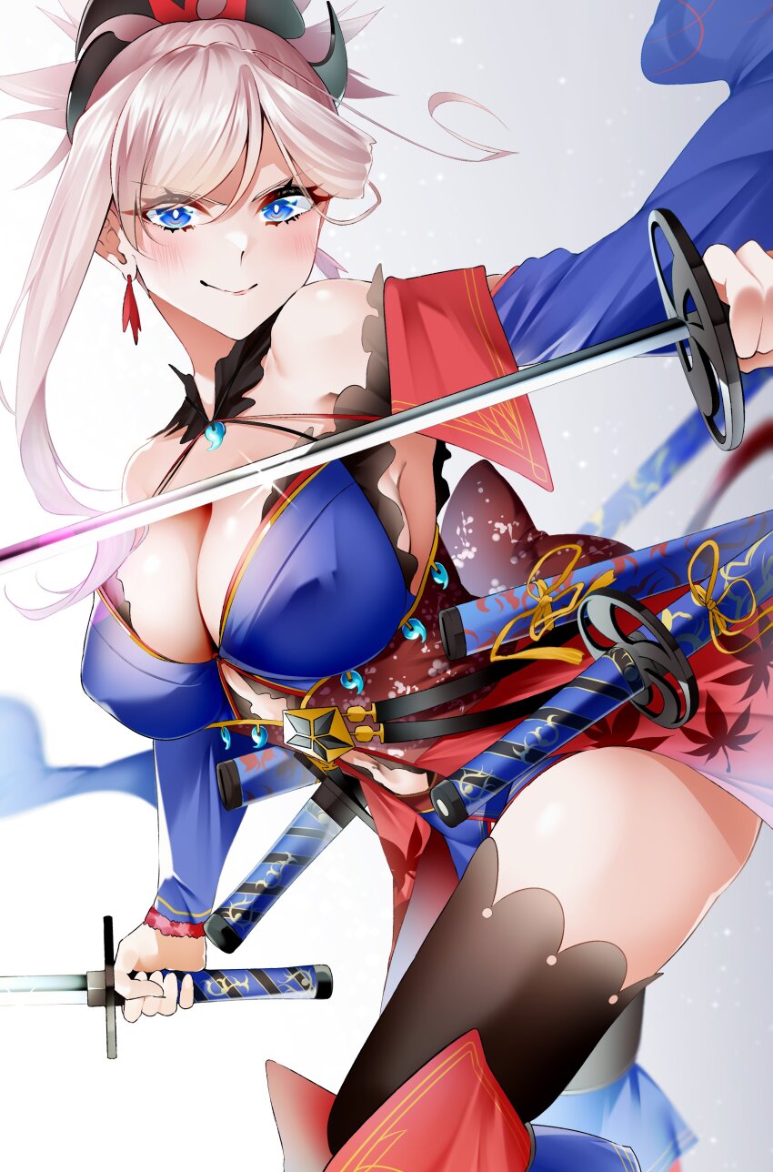 1girl absurdres bare_shoulders black_thighhighs blue_eyes blue_kimono blush breasts cleavage earrings fate/grand_order fate_(series) hair_ornament highres japanese_clothes jewelry katana kimono large_breasts len_(hand_linke) long_hair long_sleeves looking_at_viewer magatama miyamoto_musashi_(fate) miyamoto_musashi_(third_ascension)_(fate) off_shoulder pink_hair ponytail smile solo swept_bangs sword thighhighs weapon wide_sleeves