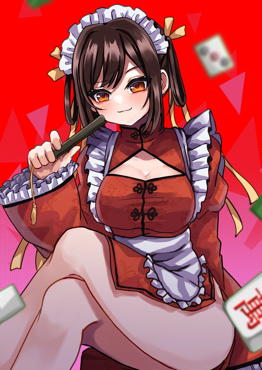 1girl absurdres black_hair breasts chinese_clothes collarbone dress folding_fan frills hand_fan heaven_burns_red highres holding large_breasts li_yingxia mahjong maid mixed_maids orange_eyes qi_maid ribbon side_slit siromochino yellow_ribbon