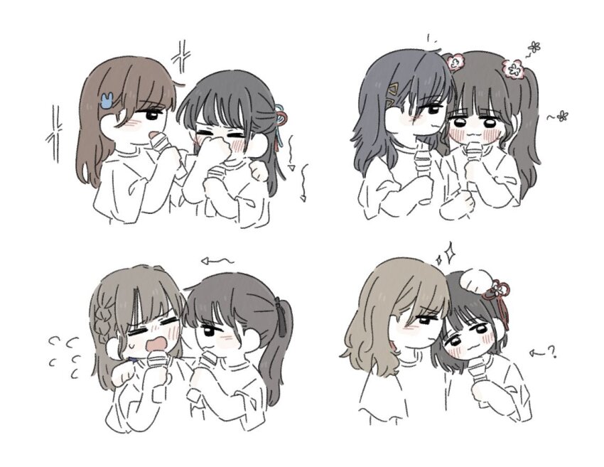 5th_live_tour_~4pair_power_spread!!!!~ 6+girls :3 ? animification arrow_(symbol) black_hair blue_ribbon blunt_bangs blush braid brown_hair closed_mouth commentary covering_own_mouth flower flower_symbol flying_sweatdrops hair_flower hair_ornament hair_ribbon half_updo hand_on_another&#039;s_head hand_over_own_mouth hayama_fuka holding holding_microphone kan_kanna kurusu_rin link!_like!_love_live! long_hair love_live! microphone miyake_miu multiple_girls nirei_nozomi nonaka_kokona open_mouth pink_flower pink_ribbon rabbit_hair_ornament real_life red_ribbon ribbon sakurai_hina shindou_amane side_braids simple_background symbol-only_commentary triangle_hair_ornament twintails voice_actor white_background zueka27