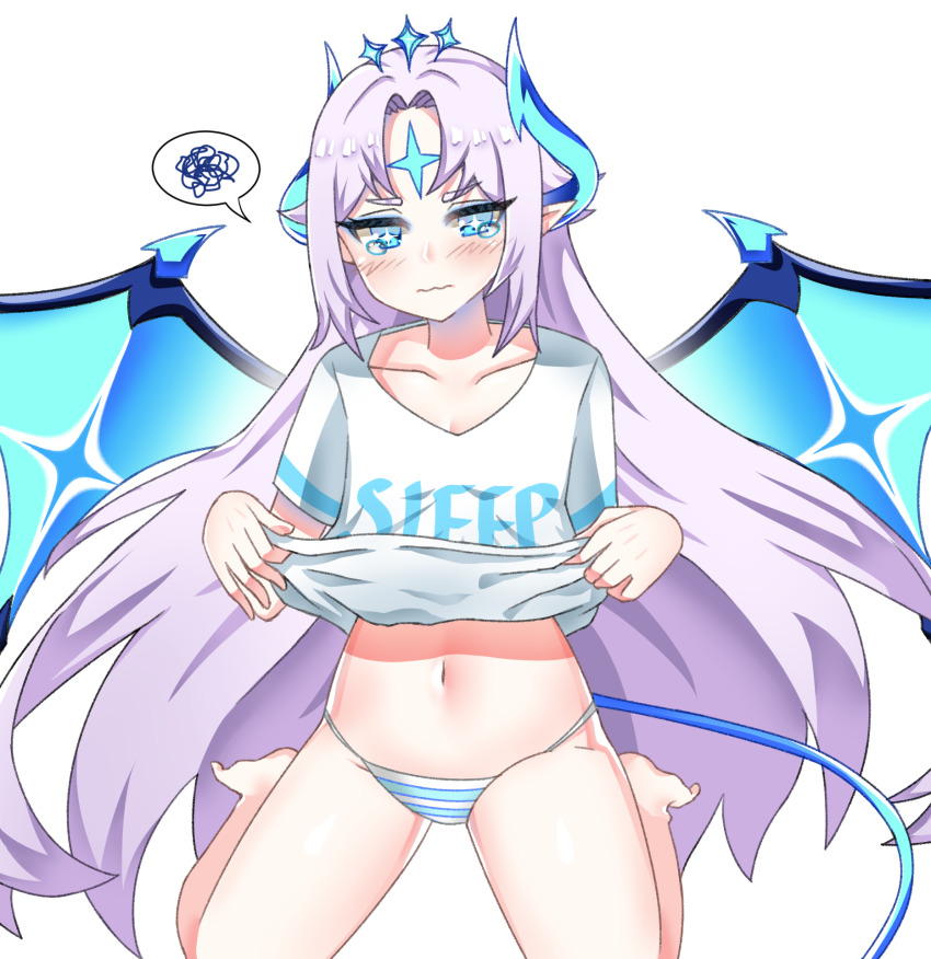 +_+ 1girl barefoot blue_eyes blue_wings blush closed_mouth clothes_lift collarbone cookiegoon demon_tail demon_wings elsword embarrassed facial_mark female_focus floating_hair highres horns ishtar_(elsword) lifting_own_clothes long_hair looking_at_viewer luciela_r._sourcream midriff navel panties pointy_ears print_shirt shirt shirt_lift short_sleeves silver_hair simple_background sitting solo speech_bubble stomach striped_clothes striped_panties tail tears underwear very_long_hair wariza white_background white_shirt wings