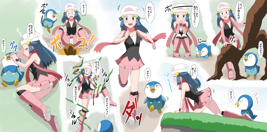 1girl :d absurdres all_fours black_shirt black_socks blue_eyes blue_hair boots breasts closed_mouth dawn_(pokemon) dugtrio floating_hair gen_1_pokemon gen_4_pokemon hair_ornament hairclip hat highres knee_boots leg_lift leg_up long_hair lying miniskirt nintendo on_side open_mouth panties pantyshot peeking pink_boots pink_skirt piplup poke_ball_print pokemon pokemon_(creature) pokemon_dppt print_headwear red_scarf scarf shirt sidelocks skirt sleeping sleeveless sleeveless_shirt small_breasts smile socks speech_bubble spread_legs squatting standing takaya_n translation_request underwear white_headwear white_panties