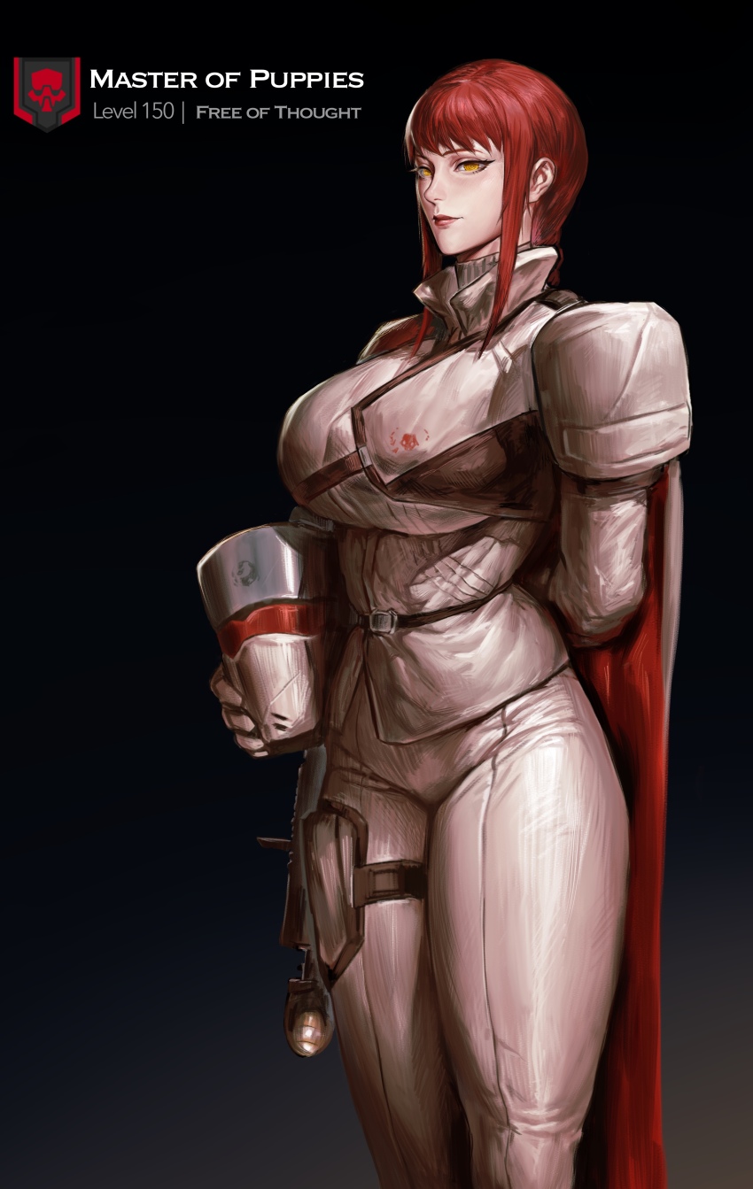 1girl absurdres arm_behind_back armor black_background breasts chainsaw_man closed_mouth english_text helldivers_(series) helmet highres holding holding_unworn_helmet lagon large_breasts long_hair makima_(chainsaw_man) red_hair sidelocks solo unworn_headwear unworn_helmet yellow_eyes