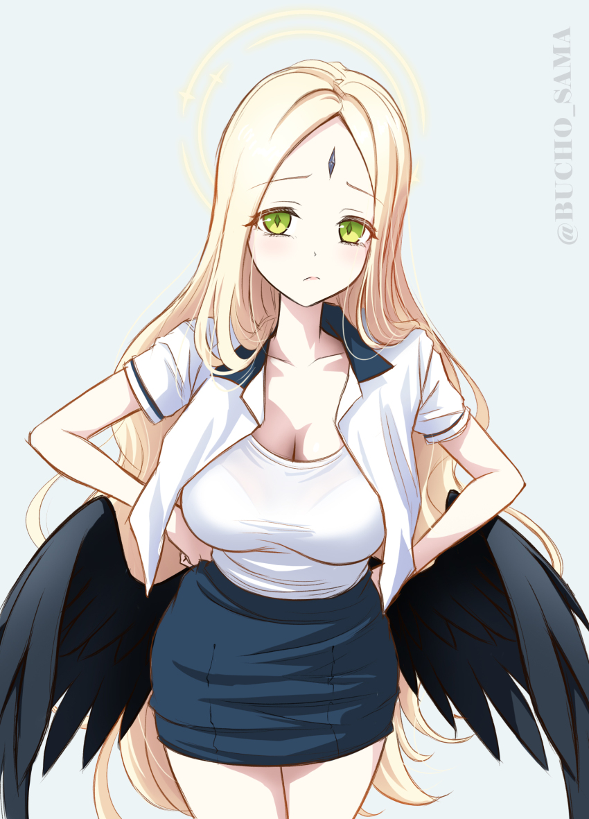 1girl absurdres alternate_costume ayumu_(blue_archive) black_wings blonde_hair blue_archive blue_skirt blush bra bra_visible_through_clothes breasts bucho_sama cleavage collarbone commentary_request feathered_wings forehead_jewel green_eyes halo hands_on_own_hips highres large_breasts long_hair looking_at_viewer miniskirt parted_bangs pencil_skirt school_uniform shirt short_hair simple_background skirt solo straight_hair twitter_username underwear very_long_hair white_bra white_shirt white_undershirt wings