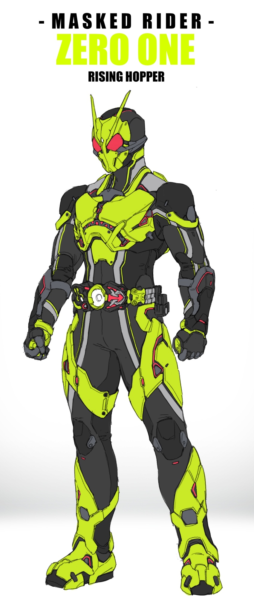 1boy absurdres armor armored_bodysuit armored_boots boots character_name chinese_commentary clenched_hands commentary_request full_body highres kamen_rider kamen_rider_01_(series) kamen_rider_zero-one mask red_eyes rider_belt shoulder_armor simple_background standing thigh_armor tokusatsu v-fin white_background xiangzi_box yellow_armor yellow_boots zero_one_driver