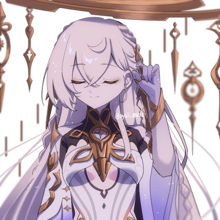 1girl asymmetrical_bangs bare_shoulders braid breasts closed_eyes genshin_impact gold hair_between_eyes halo istaroth_(genshin_impact) long_hair oysi_0831 pale_skin side_braid simple_background small_breasts smile solo very_long_hair white_background white_hair