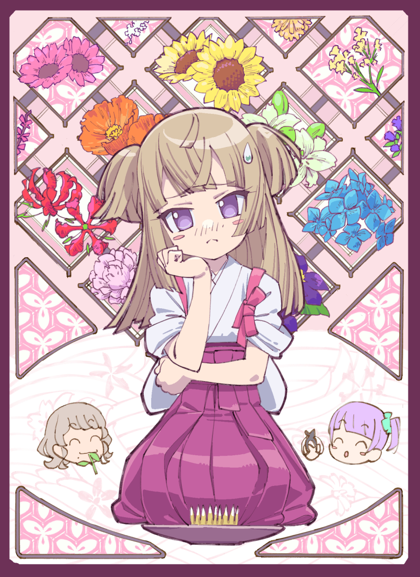 3girls :o ahoge blue_flower blunt_bangs blush_stickers border brown_hair chibi chibi_inset closed_eyes closed_mouth commentary_request floral_background flower frown hakama hakama_skirt highres japanese_clothes kishimen_hair long_hair looking_at_viewer manaka_non manaka_non_(normal) masunikuru multiple_girls open_mouth pink_flower pretty_series pripara purple_eyes purple_hair red_flower short_hair skirt smile solo_focus sweatdrop taiyo_pepper tsukikawa_chili tsukikawa_chili_(normal) two_side_up yellow_flower