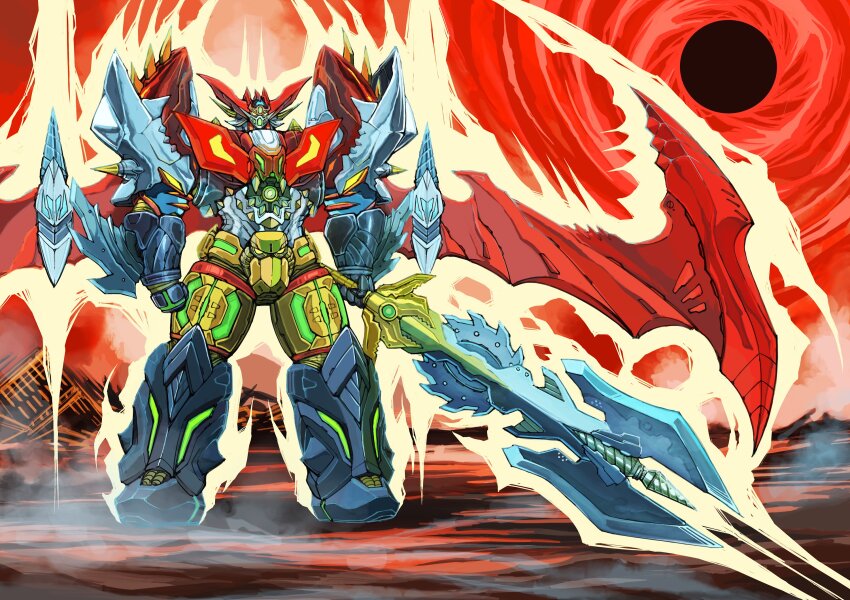 clenched_hand drill full_body fusion getter_robo highres looking_ahead mazinkaiser_(robot) mecha mechanical_wings no_humans robot science_fiction standing super_robot wings yamanushi yellow_eyes