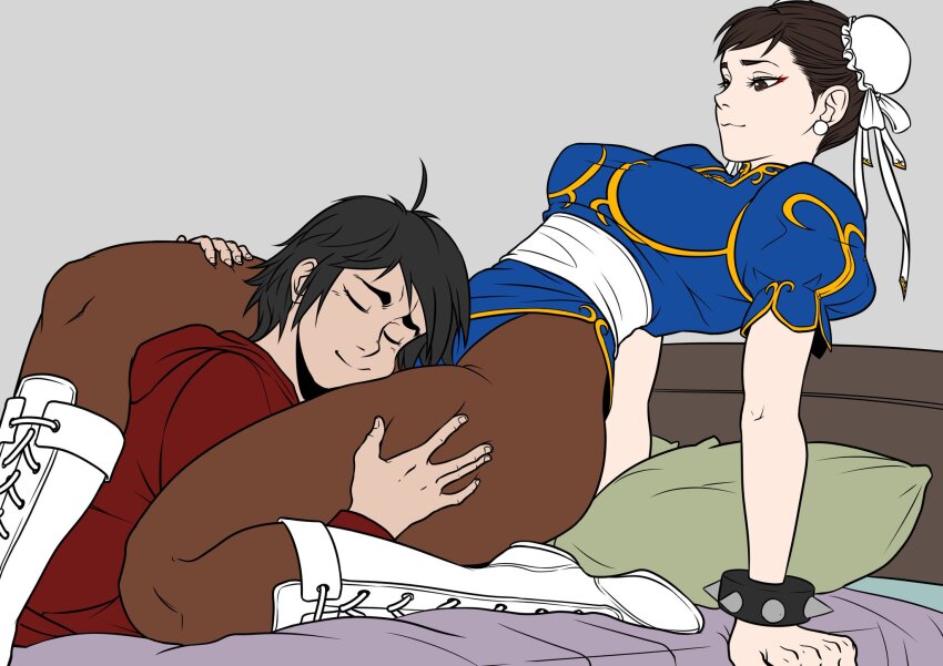 1boy 1girl bed bedroom boots bracelet breasts brown_eyes brown_hair brown_pantyhose capcom china_dress chinese_clothes chun-li commission commissioner_upload dress earrings hair_buns highres jewelry kneeling kneeling_on_bed leggings legs makeup medium_breasts pantyhose sash shukeiart smile spiked_bracelet spikes street_fighter thick_thighs thigh_grab thighs white_boots
