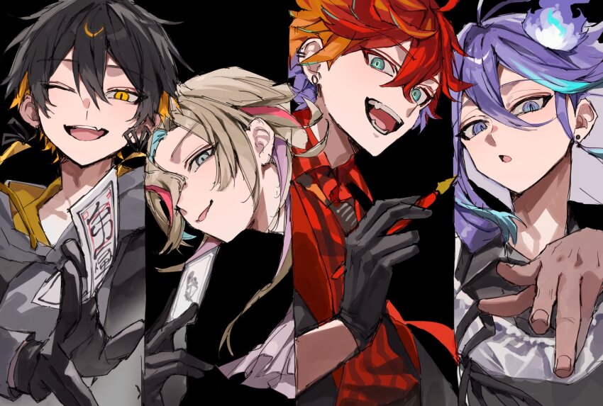4boys :d :o ;d antenna_hair aqua_eyes aqua_hair ascot between_fingers black_background black_gloves black_hair black_jacket black_necktie black_shirt blonde_hair card charm_(object) collared_shirt column_lineup curtained_hair ear_piercing earrings fang gloves grey_ascot grey_eyes grey_hoodie hair_between_eyes hair_over_one_eye hand_up highres hitodama hizaki_gamma holding holding_card holding_charm holding_pen holostars hood hood_down hoodie jacket jewelry long_bangs long_hair long_sleeves looking_at_viewer male_focus medium_hair minase_rio minase_rio_(1st_costume) multicolored_hair multiple_boys necktie nib_pen_(object) one_eye_closed open_clothes open_jacket open_mouth orange_hair parted_lips pen piercing pink_hair pointing pointing_at_viewer purple_eyes purple_hair red_hair sakusya2honda shirt short_hair simple_background skin_fang smile streaked_hair striped_clothes striped_shirt stud_earrings talisman two-tone_hair upper_body uproar_(holostars) utsugi_uyu vertical-striped_clothes vertical-striped_shirt virtual_youtuber white_jacket yatogami_fuma yellow_eyes