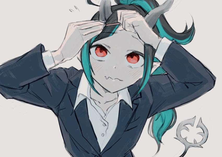 1girl adjusting_hair alternate_costume alternate_hairstyle black_hair black_jacket blazer blue_hair blush closed_mouth collared_shirt commentary_request demon_girl demon_horns demon_tail fang fang_out flat_chest gin_(tttetu123) grey_background high_ponytail highres horns jacket long_hair multicolored_hair nanashi_inc. office_lady pointy_ears ponytail red_eyes shirt shishio_chris simple_background skin_fang solo sugar_lyric tail two-tone_hair upper_body virtual_youtuber wavy_mouth white_shirt