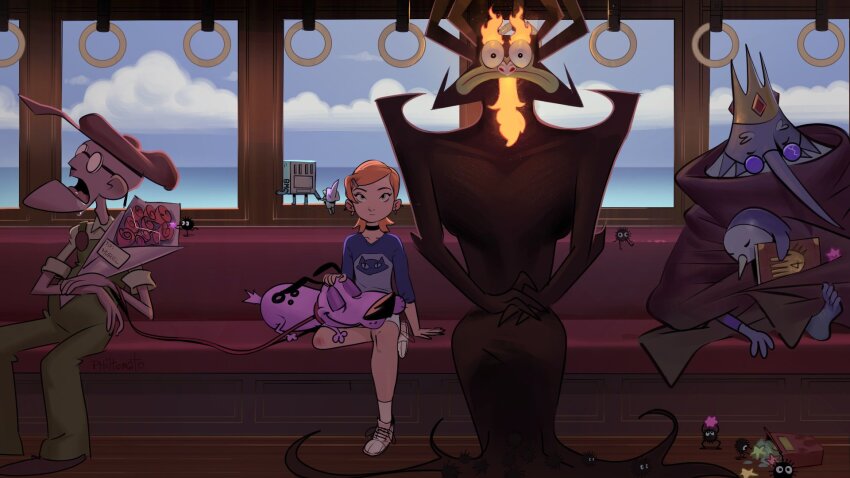 1girl 6+boys :&lt; adventure_time aku_(samurai_jack) animal animal_collar animal_on_lap animal_print arm_at_side arm_support ben_10 bench black_choker black_eyes black_hair blue_shirt bmo body_blush book bouquet cartoon_network cat_print character_request choker closed_eyes closed_mouth cloud cloudy_sky collar collarbone collared_shirt colored_skin courage_(character) courage_the_cowardly_dog crack cracked_glass crossover crown day demon dog drooling english_text eustace_bagge expressionless eyebrows eyelashes feet fiery_beard fiery_hair fighting_stance fire floor flower frown full_body gift_card glasses glep_(smiling_friends) glint gravity_falls green_eyes green_overalls gunter_(adventure_time) gwen_tennyson hair_ornament hairclip happy hat highres holding holding_bouquet holding_sword holding_weapon horizon horns hug ice_king leash leg_up looking_afar looking_ahead looking_at_viewer looking_outside lying_on_person multiple_boys ocean on_lap open_mouth orange_hair overalls parody petting philtomato pince-nez pointy_nose ponytail purple-tinted_eyewear purple_fur purple_skin reclining red_hat rose samurai_jack scene_reference sen_to_chihiro_no_kamikakushi shadow shirt shoelaces shoes short_hair short_sleeves shorts sitting sky sleeping smile smiling_friends sneakers socks standing straight-on studio_ghibli susuwatari sword t-shirt tinted_eyewear toenails toes train_interior trait_connection tsurime two-tone_shirt vehicle_interior water weapon white_shirt white_shoes white_socks window