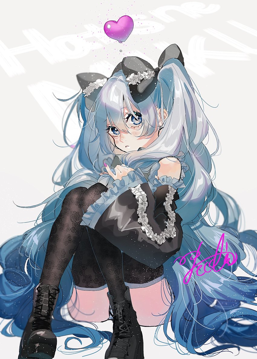 1girl :&lt; absurdly_long_hair bare_shoulders black_boots black_ribbon black_thighhighs blue_eyes blue_hair blurry blush boots character_name closed_mouth colored_eyelashes curly_hair depth_of_field detached_sleeves eyelashes female_focus fingernails floral_print frilled_ribbon frills full_body grey_background hair_between_eyes hair_ribbon hatsune_miku heart highres knees_to_chest knees_together_feet_apart lace-up_boots light_particles long_hair looking_up nail_polish pecchii pink_nails platform_boots platform_footwear ribbon sidelocks signature simple_background sitting sleeves_past_wrists solo thighhighs thighs twintails very_long_hair vocaloid wide-eyed