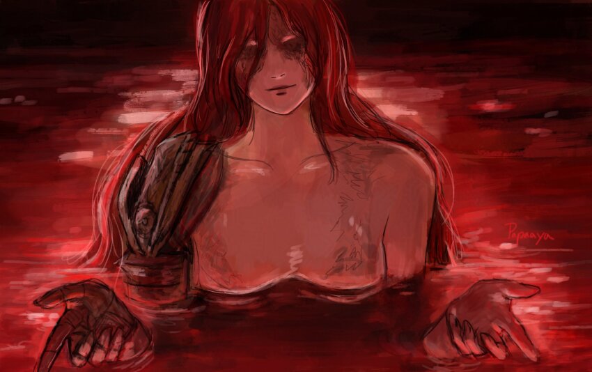 1girl aira_papaaya amputee armor arms_up artist_name blood closed_mouth completely_nude elden_ring facing_viewer gold_armor highres i&#039;ll_teach_you_everything_(chainsaw_man) light_smile long_hair malenia_blade_of_miquella no_eyes nude open_hands partially_submerged pool pool_of_blood prosthesis prosthetic_arm red_hair scene_reference signature smile solo