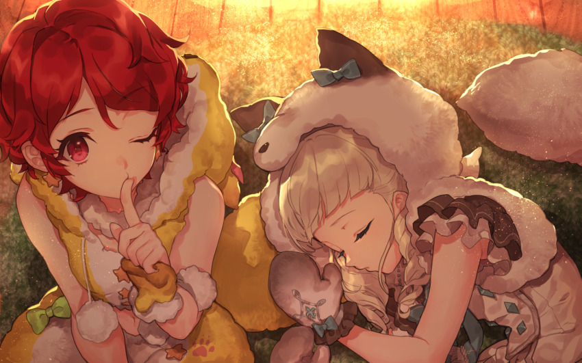 2girls aikatsu! aikatsu!_(series) animal_costume animal_ears animal_hood bare_shoulders blonde_hair blue_bow blunt_bangs bow closed_eyes commentary_request dress drill_hair earrings fake_animal_ears fake_tail finger_to_mouth frilled_sleeves frills green_bow hand_up highres hitoto hood hood_down hood_up ichinose_kaede jewelry long_hair looking_at_viewer lying mittens multiple_girls on_floor one_eye_closed parquet_floor paw_print red_eyes red_hair rug short_hair short_sleeves shushing sleeveless star_(symbol) star_button star_earrings tail todo_yurika twin_drills twintails white_hood white_mittens