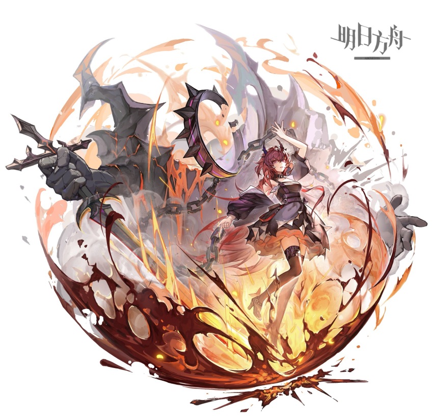 1girl arknights arm_up belt black_collar black_dress black_footwear black_jacket black_thighhighs broken broken_chain chain collar commentary_request copyright_name demon_horns detached_collar dress fire high_heels highres holding holding_sword holding_weapon horns id_card jacket lava long_hair long_sleeves looking_at_viewer off_shoulder open_clothes open_jacket open_mouth pink_eyes puffy_short_sleeves puffy_sleeves red_hair short_sleeves sizuka_(komorilian) solo surtr&#039;s_golem_(arknights) surtr_(arknights) sword thighhighs very_long_hair weapon wide_shot