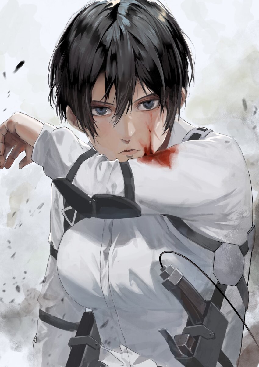 1girl black_hair blood blood_on_clothes blood_on_face breasts debris elbow_pads grey_eyes hair_between_eyes highres long_sleeves looking_at_viewer medium_breasts mikasa_ackerman shingeki_no_kyojin shirt shirushi_06 short_hair solo three-dimensional_maneuver_gear upper_body white_shirt wiping_face