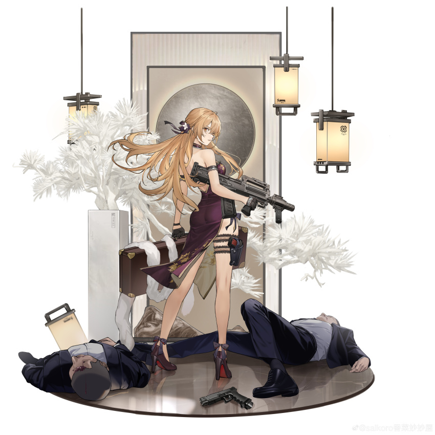 1girl 2boys absurdres architecture ass assault_rifle back bare_shoulders black_gloves blonde_hair bullpup china_dress chinese_clothes closed_mouth dress east_asian_architecture expressionless full_body girls&#039;_frontline girls&#039;_frontline_2:_exilium glock gloves groza_(girls&#039;_frontline_2) gun hair_ornament handgun high_heels highres holding holding_case holding_gun holding_weapon holster lamp legs long_hair looking_to_the_side multiple_boys official_alternate_costume official_art ots-14_(girls&#039;_frontline) ots-14_(sangria_succulent)_(girls&#039;_frontline) ots-14_groza purple_dress rifle saikoro_xiangcai_miaomiao_wu solo standing thigh_holster third-party_source watermark weapon weapon_case weibo_username weibo_watermark yellow_eyes