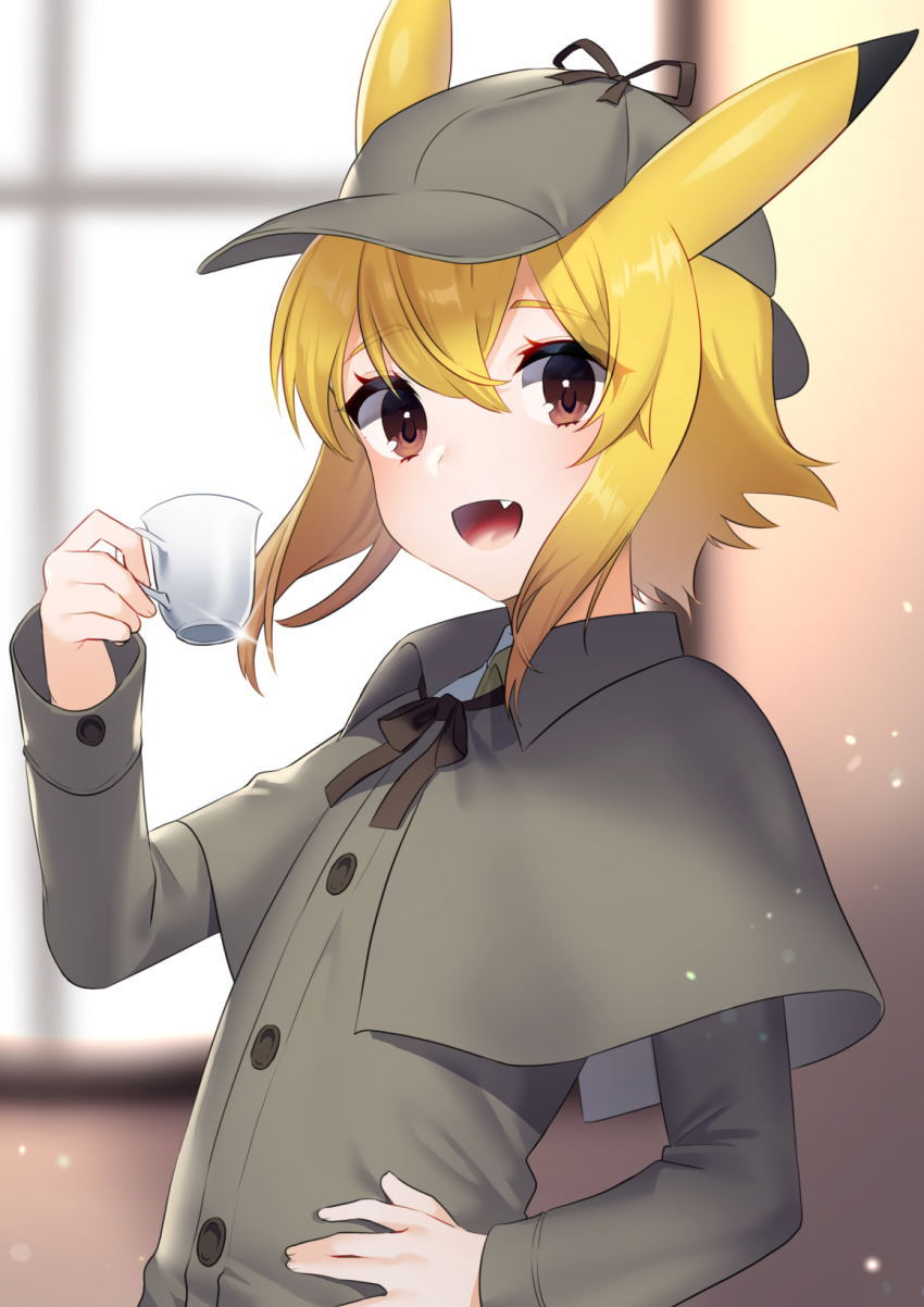 1boy akagi_kurage animal_ears blonde_hair blush brown_eyes capelet clothed_pokemon coat cup deerstalker detective_pikachu_(character) detective_pikachu_(game) detective_pikachu_(series) fang gen_1_pokemon hair_between_eyes hand_on_own_hip hat highres looking_at_viewer male_focus nintendo open_mouth personification pikachu pokemon smile solo teacup trap
