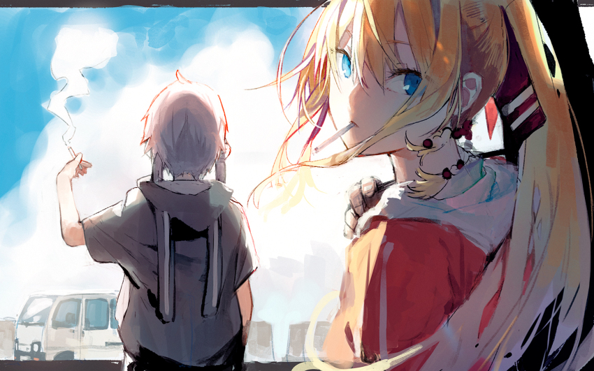 2girls ahoge alternate_costume animal_hood bag beads black_hoodie blonde_hair blue_eyes blue_sky car cigarette cloud cloudy_sky commentary day expressionless facing_away floating_hair hair_beads hair_ornament hair_ribbon hand_up hitogome holding holding_bag holding_cigarette hood hood_down hoodie letterboxed light_purple_hair long_hair looking_back motor_vehicle mouth_hold multiple_girls outdoors outside_border over_shoulder ponytail rabbit_hood red_hoodie red_ribbon ribbon shade short_hair_with_long_locks short_sleeves sidelighting sky smoke smoke_trail smoking tsurumaki_maki upper_body vocaloid voiceroid yuzuki_yukari