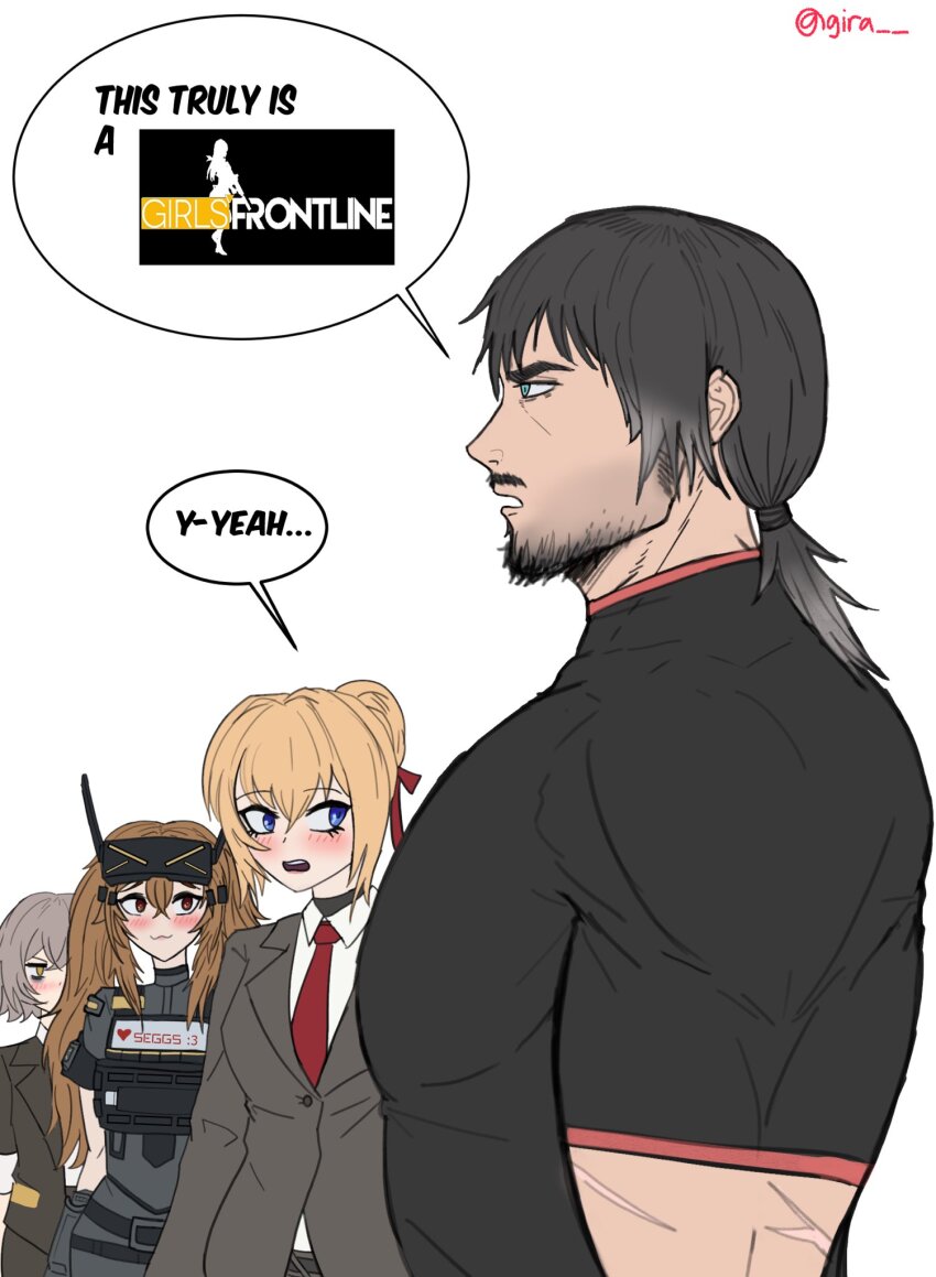 1boy 3girls :3 beard belt black_shirt black_undershirt blonde_hair blue_eyes blush breast_envy breasts bulletproof_vest colored_eyelashes commander_(girls&#039;_frontline) english_text envy facial_hair gira_art girl_staring_at_guy&#039;s_chest_(meme) girls&#039;_frontline girls&#039;_frontline_2:_exilium gloves goatee grey_hair hair_between_eyes hair_ornament hair_ribbon head-mounted_display heart highres kalina_(girls&#039;_frontline) large_breasts lenna_(girls&#039;_frontline_2) leva_(girls&#039;_frontline_2) looking_at_breasts meme military_uniform multicolored_hair multiple_girls mustache necktie orange_hair ponytail red_necktie red_ribbon ribbon scar seggs_(meme) shirt short_hair speech_bubble t-shirt tail tuxedo twintails twitter_username two-tone_hair ump45_(girls&#039;_frontline) ump9_(girls&#039;_frontline) undershirt white_shirt