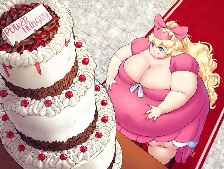 better-with-salt blonde_hair bow breasts dress fat fat_woman large_breasts obese pink_bow pink_dress satou_lilly