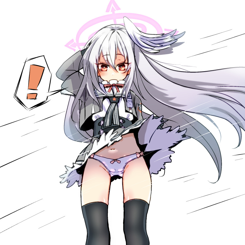 1girl black_thighhighs blue_archive halo highres long_hair mengnaidu panties school_uniform solo suzumi_(blue_archive) thighhighs underwear white_hair white_panties