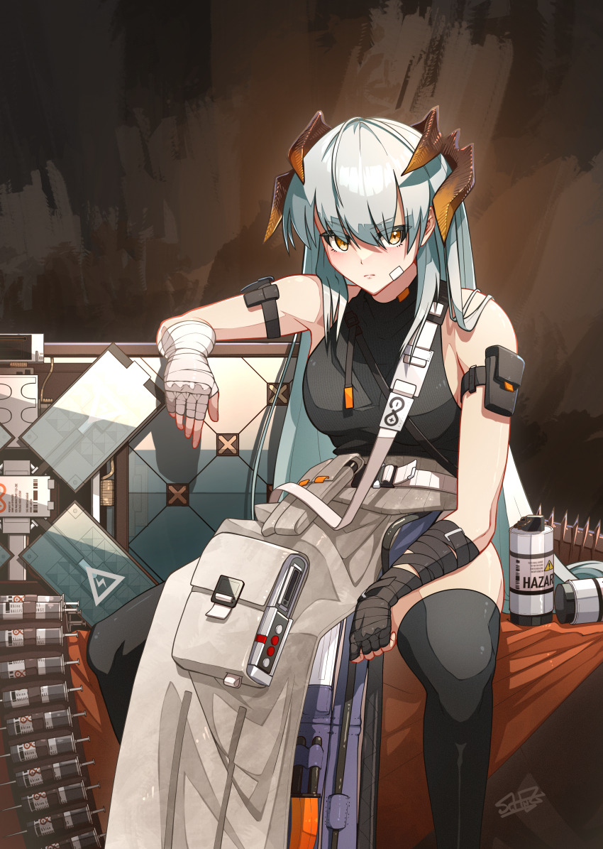 1girl absurdres arknights bandaid bandaid_on_face battery black_thighhighs hand_wraps highres horns long_hair looking_at_viewer saria_(arknights) schnuz shirt sitting sleeveless sleeveless_shirt solo thighhighs very_long_hair white_hair yellow_eyes