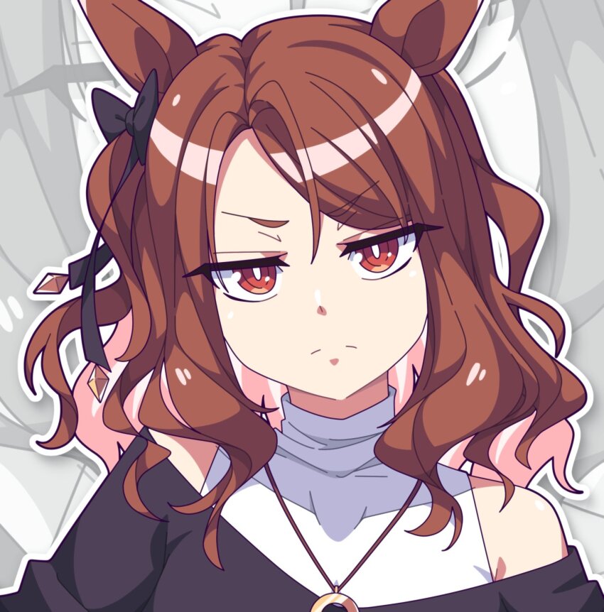 1girl animal_ears brown_eyes brown_hair highres horse_ears horse_girl jewelry king_halo_(umamusume) looking_at_viewer necklace off_shoulder scalizo solo umamusume wavy_hair