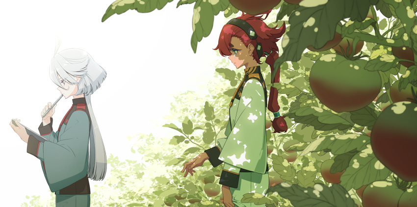 2girls ahoge asymmetrical_hair closed_mouth crying grey_hair gundam gundam_suisei_no_majo highres holding holding_stylus long_hair long_sleeves looking_at_another miorine_rembran multiple_girls ponytail red_hair sakuraba_yuuki stylus suletta_mercury thick_eyebrows tomato tree