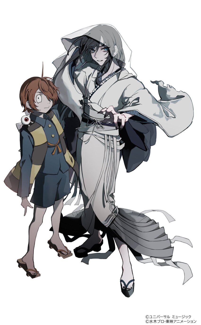 1boy 1girl ado_(utaite) black_hair brown_hair gegege_no_kitarou geta highres kitarou medama_oyaji nail_polish official_art orihara_(ewkkyorhr)