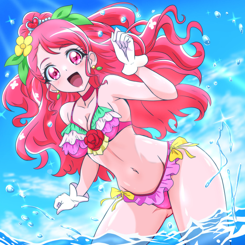 1girl :d absurdres alternate_costume bare_legs bikini blue_sky bow breasts choker cleavage collarbone cure_grace day earrings flower frilled_bikini frills gloves groin hair_flower hair_ornament hanadera_nodoka healin&#039;_good_precure heart heart_hair_ornament highres jewelry long_hair looking_at_viewer manga_sakuga_(precure) medium_breasts navel open_mouth outdoors pink_bikini pink_hair ponytail precure red_choker red_eyes side-tie_bikini_bottom sky smile solo sparkle summer sunlight swimsuit very_long_hair wading white_gloves yellow_bow yellow_flower