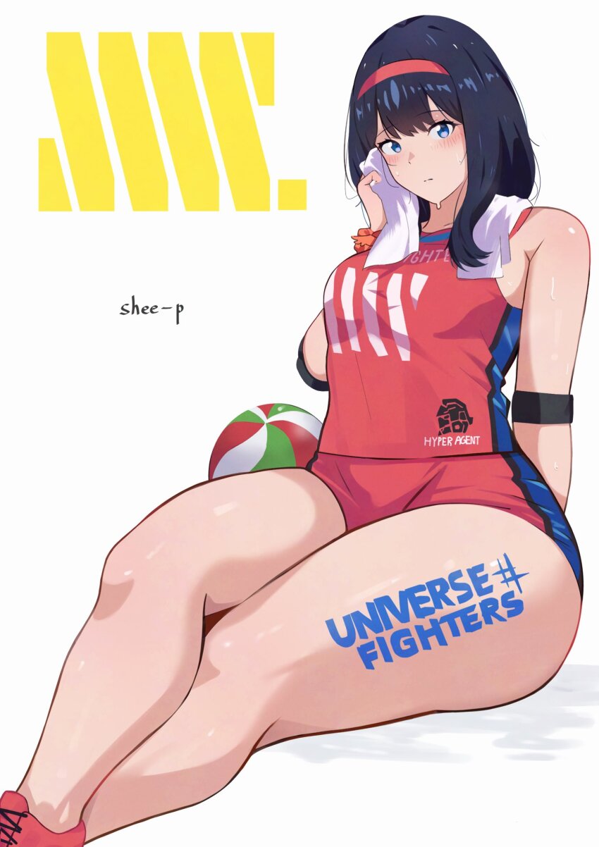 1girl artist_name ball beachball black_hair blue_eyes blush body_writing elbow_pads gridman_universe gym_uniform hairband highres medium_hair red_hairband red_shirt red_shorts scrunchie shee-p_(inemurisheep113) shirt shoes short_shorts shorts sitting sleeveless solo ssss.gridman sweat takarada_rikka tank_top thick_thighs thighs towel white_background wiping_face wrist_scrunchie