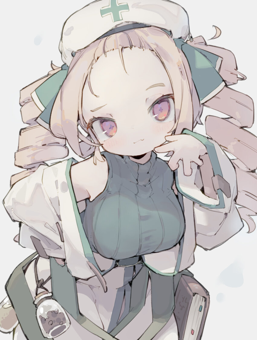 1girl absurdres blonde_hair book breasts closed_mouth commentary_request dated_commentary drill_hair fang fang_out forehead green_ribbon green_sweater green_trim hat highres jacket large_breasts leaning_forward long_hair long_sleeves looking_at_viewer nep_(nep_76) open_clothes open_jacket original pants purple_eyes revision ribbed_sweater ribbon skin_fang sleeveless sleeveless_sweater solo sweater twin_drills white_hat white_jacket white_pants