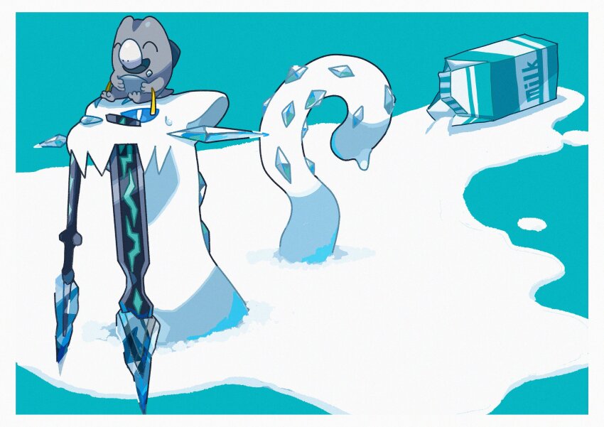 ^_^ blue_eyes border bright_pupils chien-pao closed_eyes closed_mouth commentary_request frigibax gen_9_pokemon highres legendary_pokemon milk milk_carton nintendo no_humans on_head pokemon pokemon_(creature) pokemon_on_head saiku_(zvlku) sitting surreal sweatdrop tusks white_border white_pupils