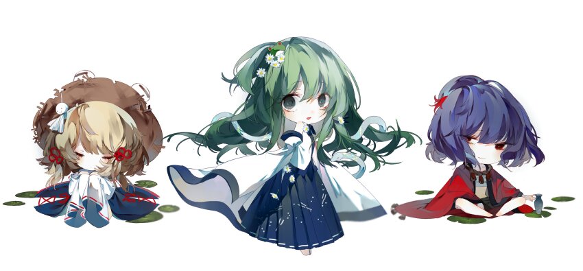 3girls absurdres blonde_hair brown_headwear chibi closed_eyes detached_sleeves flower frog frog_hair_ornament green_eyes green_hair hair_flower hair_ornament hair_tubes hat highres japanese_clothes kochiya_sanae layered_sleeves leaf leaf_hair_ornament lily_pad long_hair long_sleeves maple_leaf miko moriya_suwako multiple_girls open_mouth purple_hair purple_skirt purple_vest red_eyes rope shimenawa short_hair short_over_long_sleeves short_sleeves single_hair_tube sitting skirt skirt_set snake snake_hair_ornament touhou vest white_background wide_sleeves yasaka_kanako zhixie_jiaobu