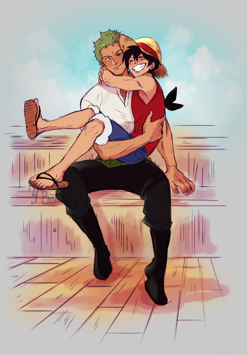2boys arms_around_neck bandana bandana_around_arm black_bandana black_eyes black_hair black_pants blue_shorts blue_sky blush clinging closed_eyes couple day facial_scar full_body green_hair happy haramaki hat highres looking_at_another male_focus monkey_d._luffy multiple_boys one_armed_carry one_piece outdoors pants red_vest roronoa_zoro sandals scar scar_on_cheek scar_on_face ship_deck shirt short_hair shorts sideburns sitting sky smile straw_hat tight_clothes tight_shirt toned toned_male vest white_shirt yaoi yobot