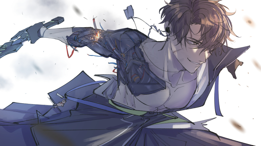 1boy absurdres aki_(neural_cloud) android black_gloves brown_eyes brown_hair charm_(object) commentary_request damaged dog_tags earpiece facial_scar girls&#039;_frontline girls&#039;_frontline_neural_cloud gloves grin hadanugi_dousa hair_over_one_eye highres holding holding_sword holding_weapon japanese_clothes kimono male_focus messy_hair open_clothes open_kimono pectorals scar scar_on_cheek scar_on_face shirokaza short_hair smile solo sparks stuffed_animal stuffed_toy sword teddy_bear upper_body weapon white_background
