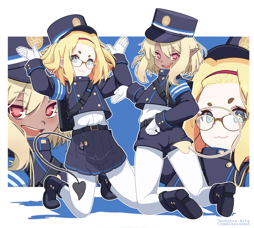 2girls :3 armband ass belt black_belt blue_archive blue_armband blue_background blue_boots blue_eyes blue_hat boots border buttons closed_mouth commentary commission cosplay dark-skinned_female dark_skin demon_tail double-breasted english_commentary forehead full_body gloves hat highres hikari_(blue_archive) hikari_(blue_archive)_(cosplay) long_sleeves looking_at_viewer medium_hair multiple_girls nozomi_(blue_archive) nozomi_(blue_archive)_(cosplay) open_mouth pantyhose pantyhose_under_shorts pointy_ears red_eyes senketsu05 shadow shorts sidelocks skirt star-shaped_pupils star_(symbol) symbol-shaped_pupils tail train_conductor white_border white_gloves white_pantyhose