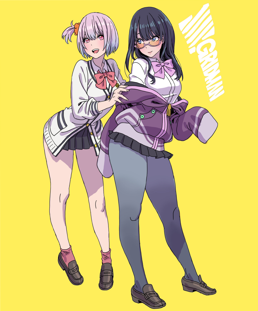2girls absurdres alternate_hairstyle black_hair blue_eyes bow bowtie breasts brown_footwear buttons closed_mouth copyright_name cosplay costume_switch fingernails full_body gridman_universe hair_ornament hair_scrunchie highres jacket loafers long_hair long_sleeves looking_at_viewer looking_over_eyewear looking_to_the_side medium_breasts multiple_girls off_shoulder open_mouth pantyhose pleated_skirt ponytail school_uniform scrunchie shinjou_akane shinjou_akane_(cosplay) shoes short_hair side_ponytail skirt smile socks ssss.gridman standing takarada_rikka tinted_eyewear yamashita_shun&#039;ya yellow_background